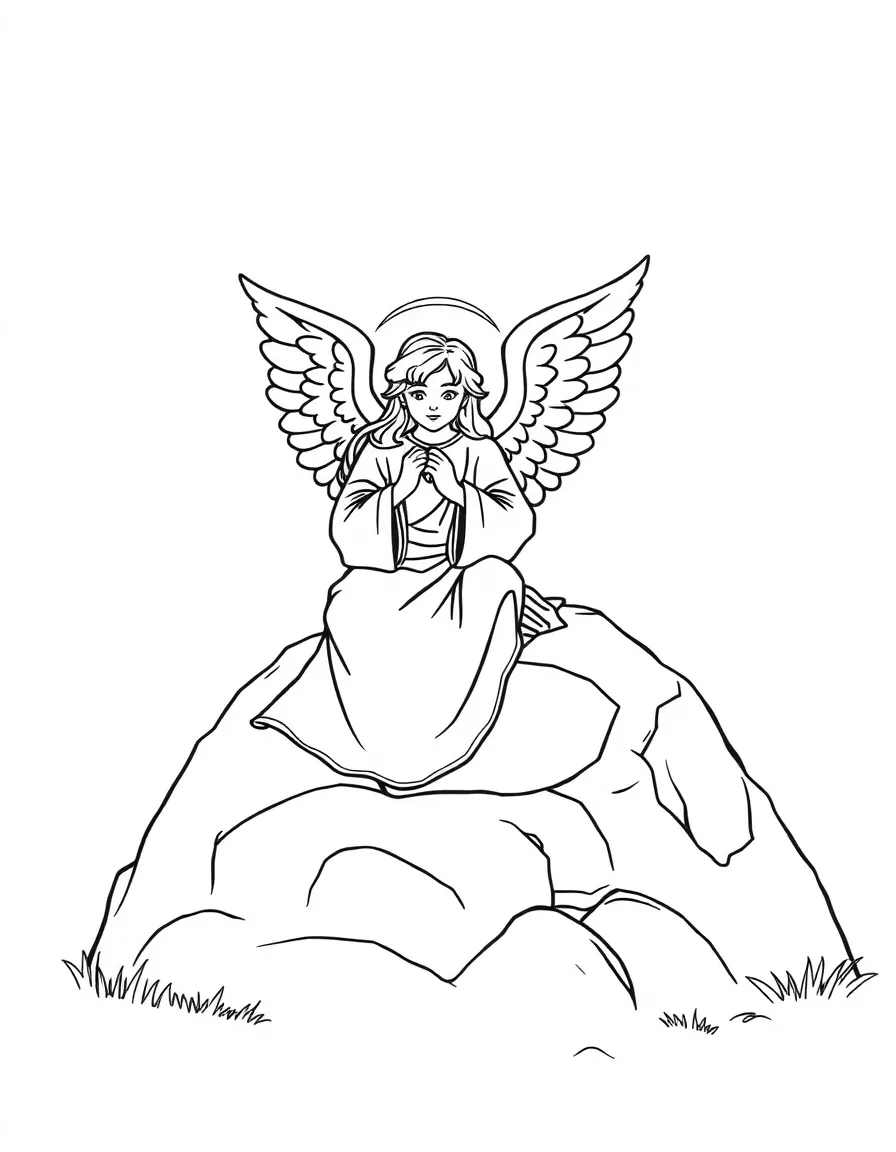 An angel sitting on the empty tomb, telling the women that Jesus is risen.
