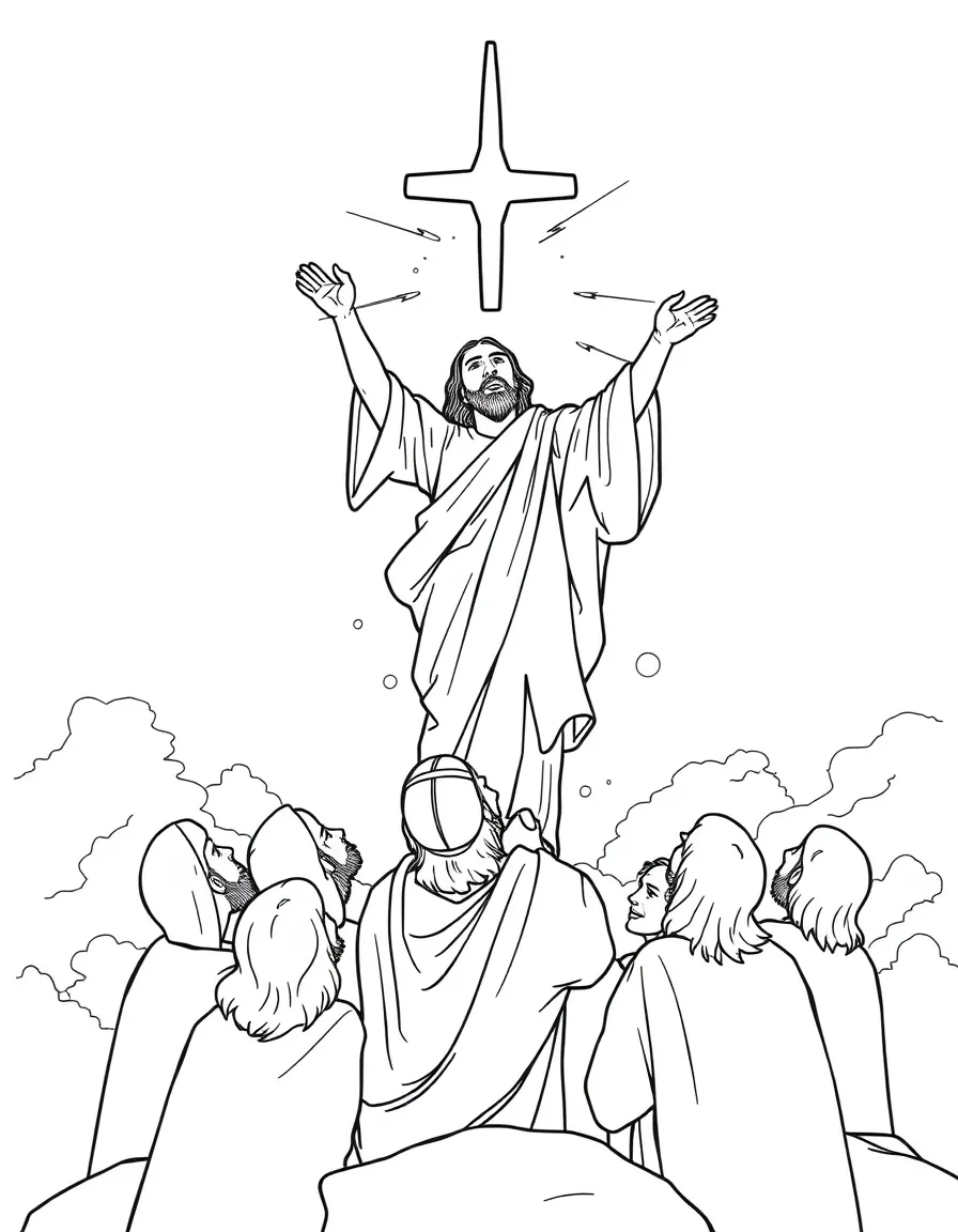 Jesus ascending into heaven, with his disciples looking up at him.