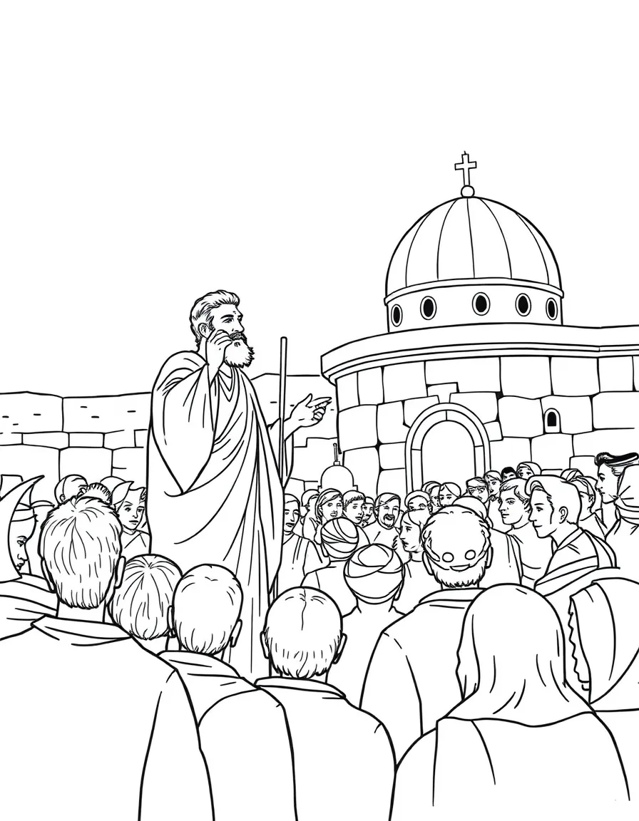 Peter preaching to a crowd in Jerusalem, with many people listening intently.