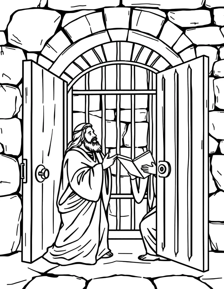 Paul and Silas singing hymns in prison, with the prison doors opening.