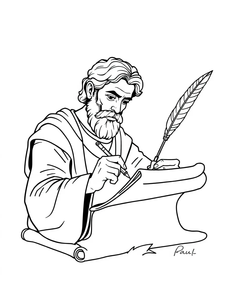 Paul writing letters, with a scroll and a quill pen.