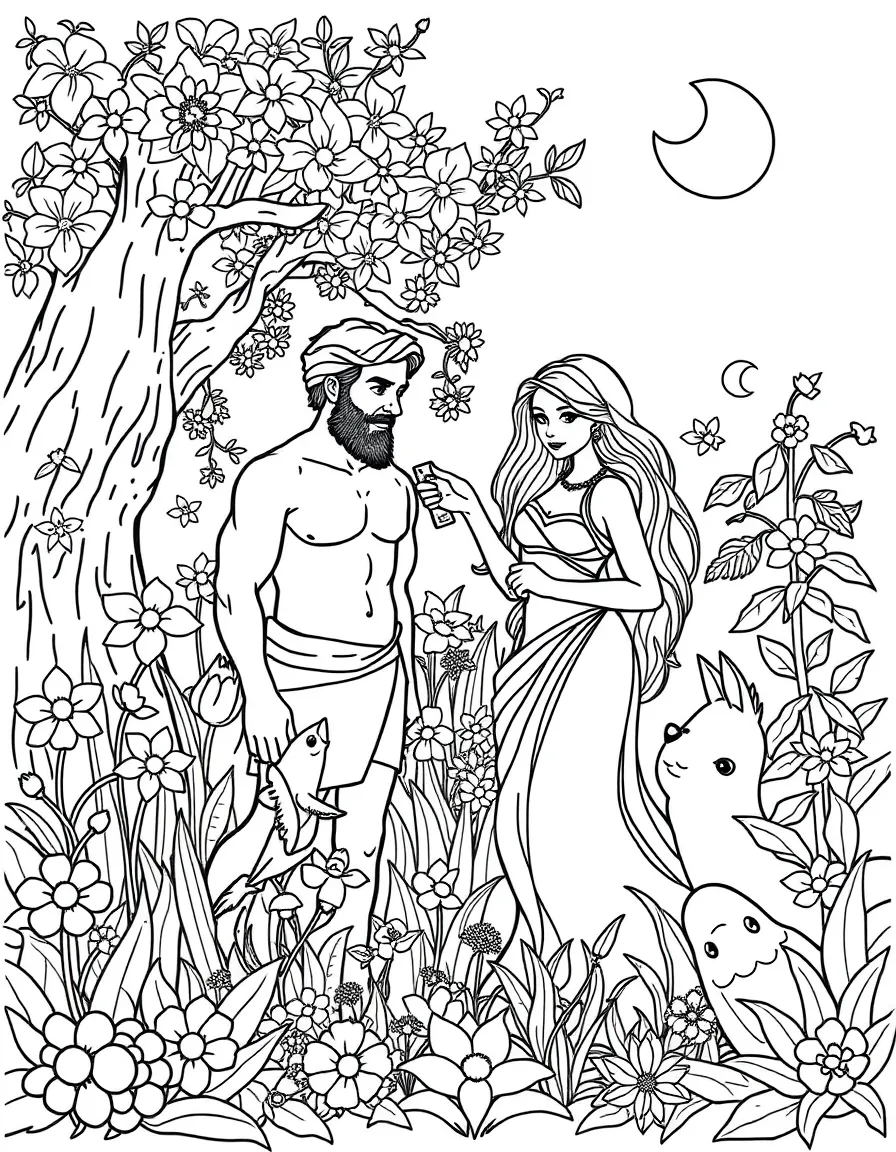 Adam and Eve in the Garden of Eden, surrounded by beautiful flowers and friendly animals.
