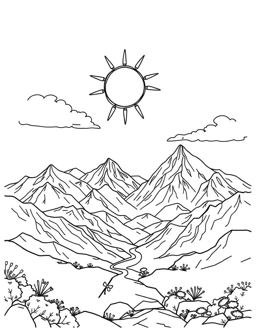 God creating the world, with a sun shining, mountains, and a clear blue sky.