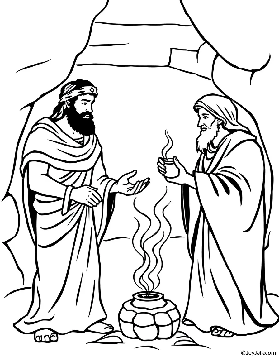 Cain and Abel offering their gifts, with a small altar and smoke rising.