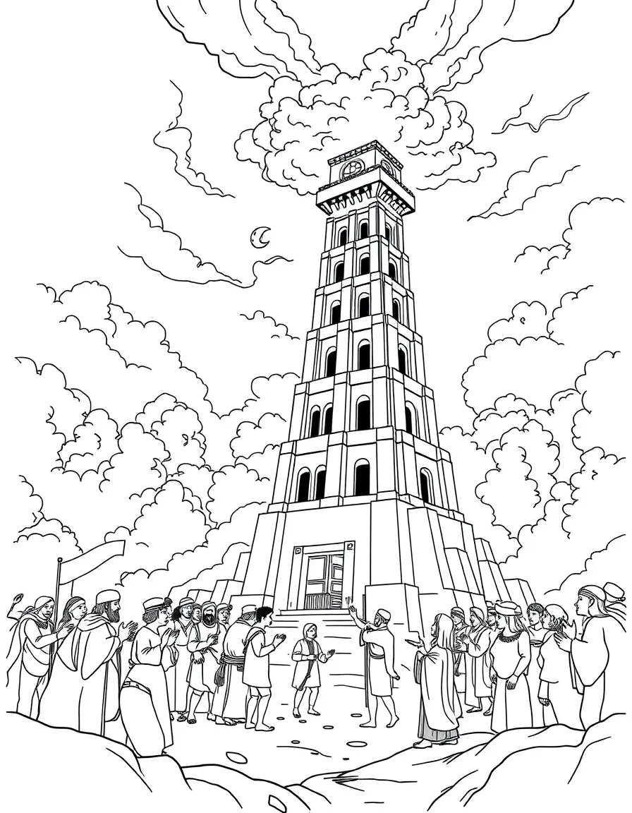 The Tower of Babel, with people trying to build a tall tower reaching the clouds.