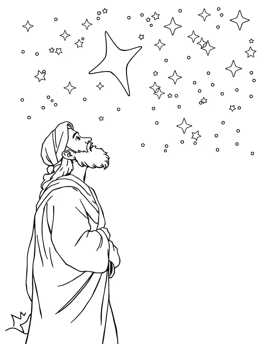 Abraham looking up at the stars, with God promising him many descendants.