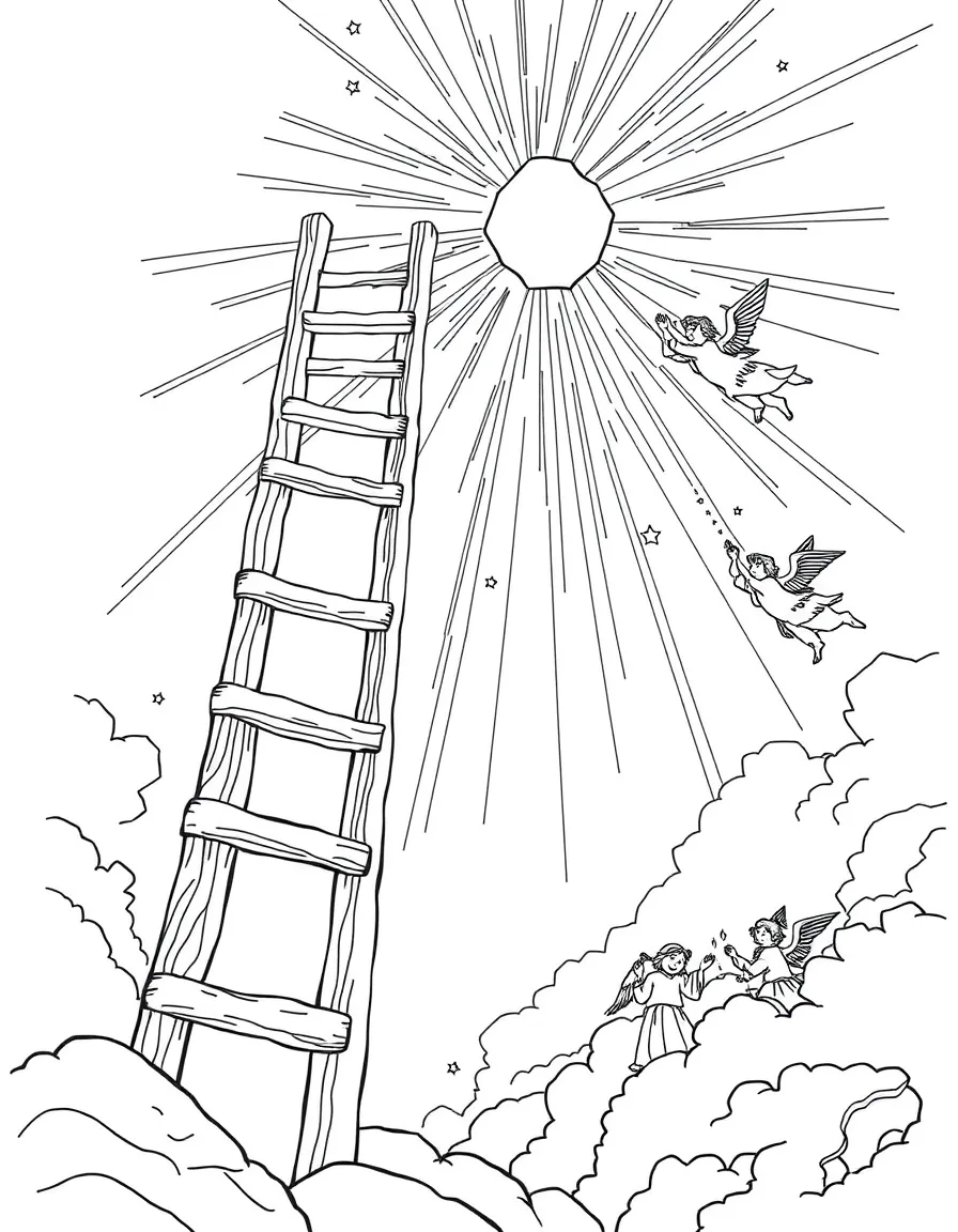 Jacob's ladder reaching from Earth to heaven, with angels going up and down.