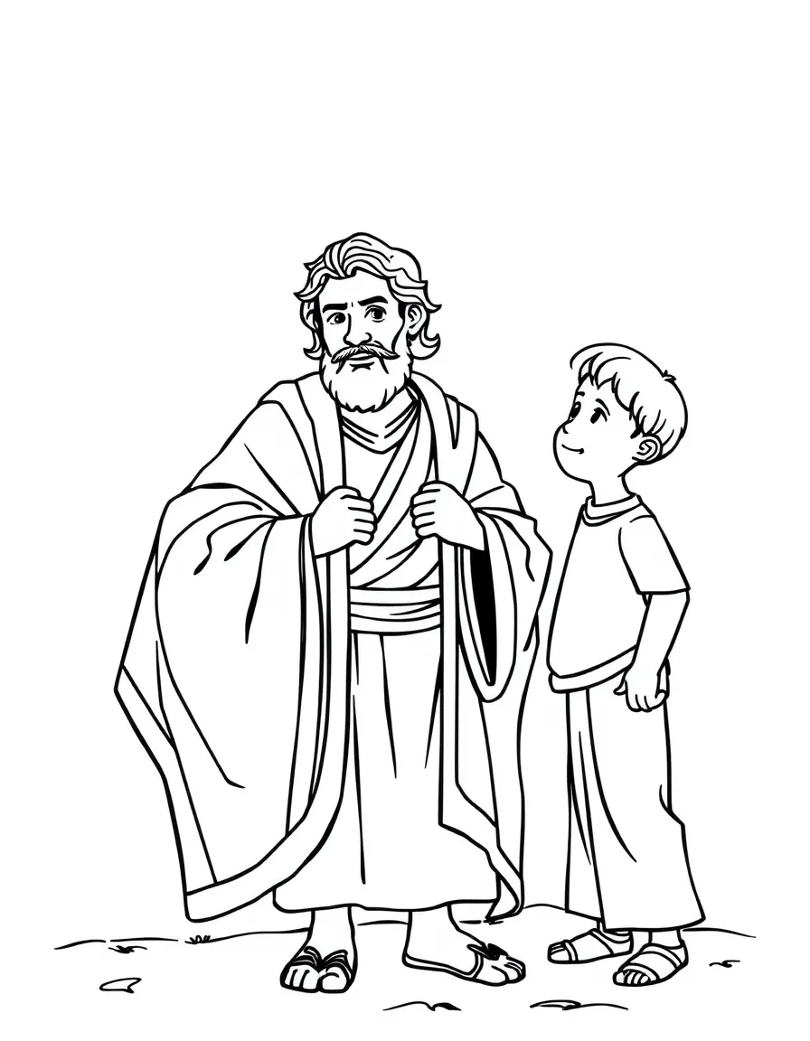 Joseph with his colorful coat, showing it to his brothers.