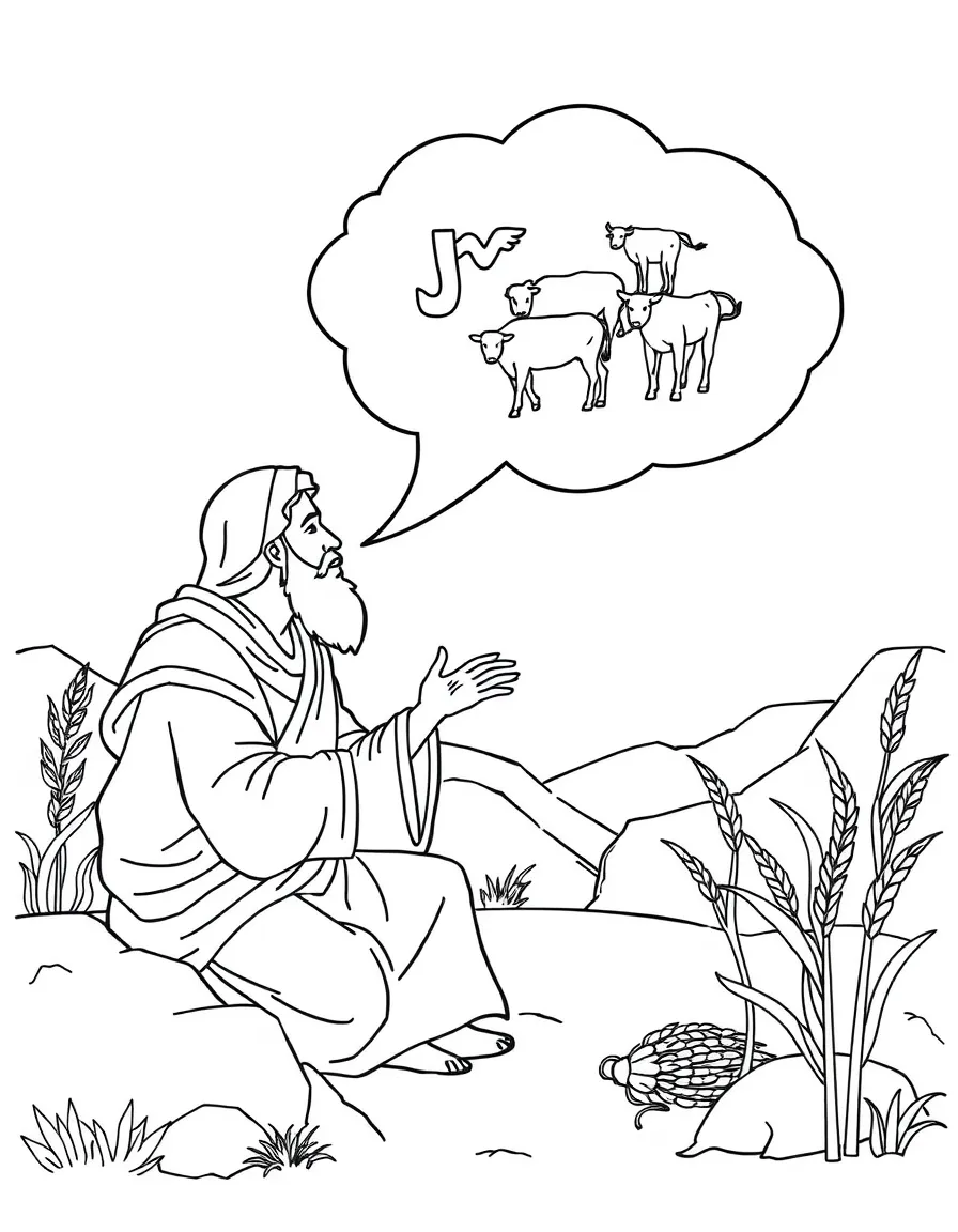 Joseph interpreting Pharaoh's dream, with a dream bubble showing cows and grain.