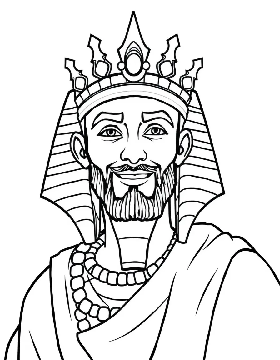Joseph ruling over Egypt, with a pharaoh's crown and a kind smile.
