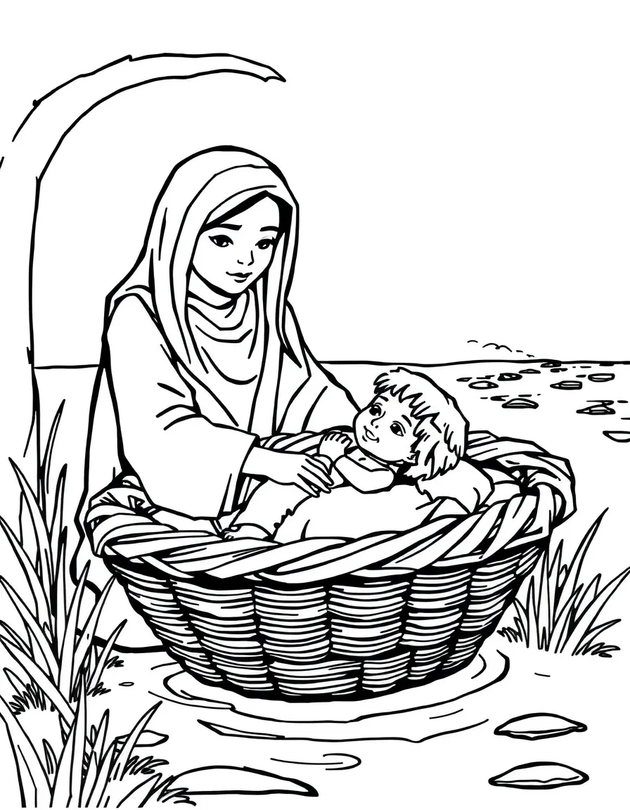 Moses' mother hiding him in a basket near the river.