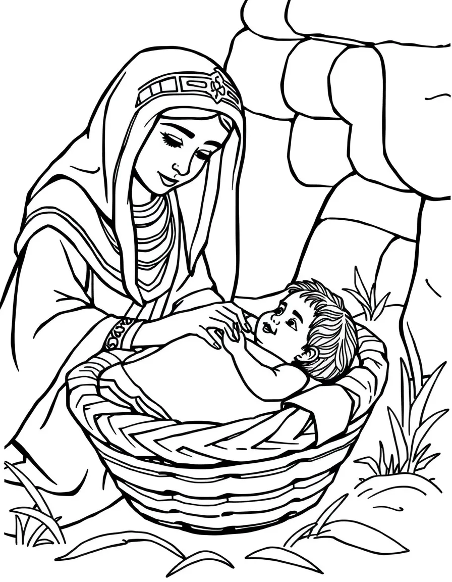 Pharaoh's daughter finding baby Moses in the basket.