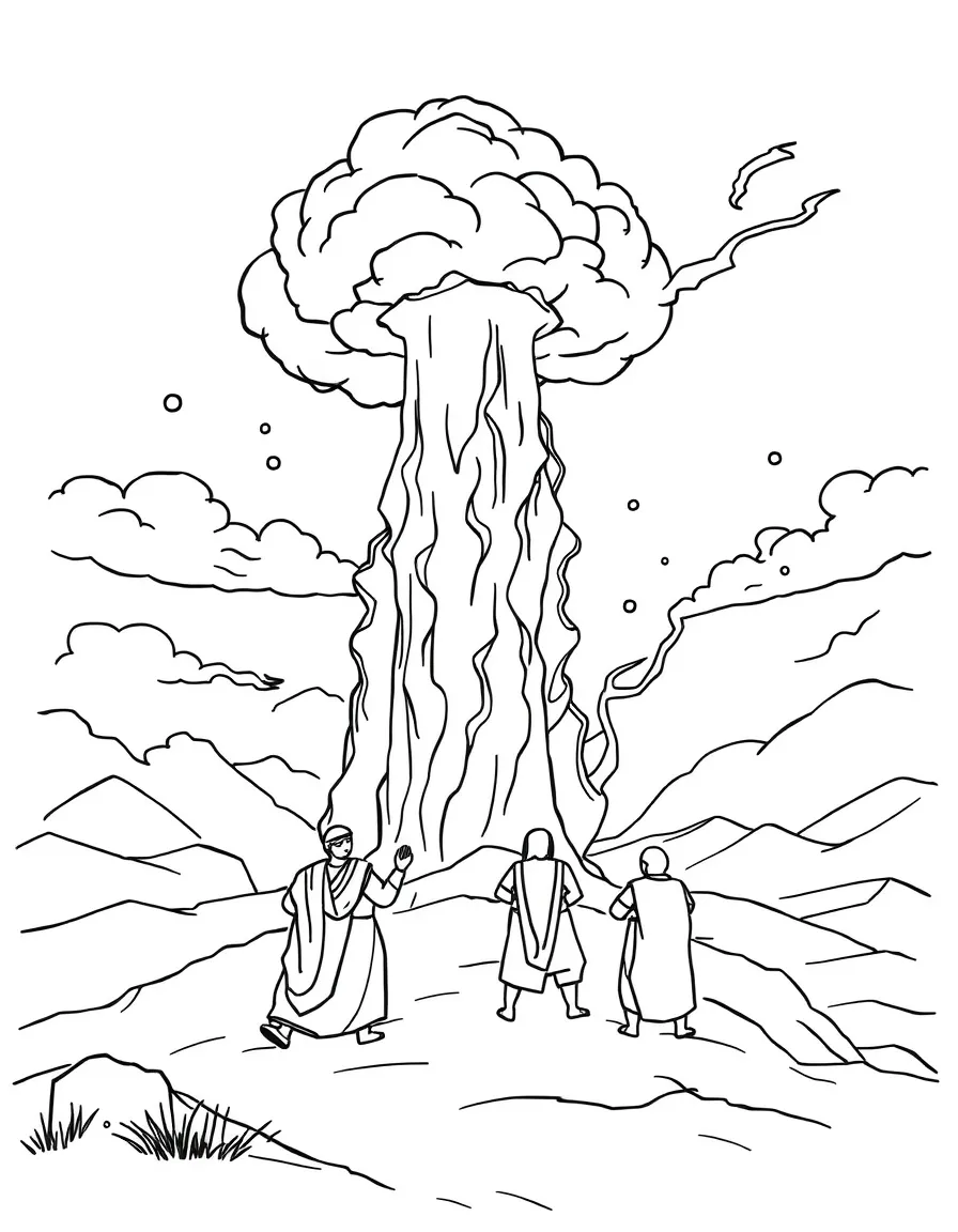 The pillar of cloud by day and pillar of fire by night guiding the Israelites.