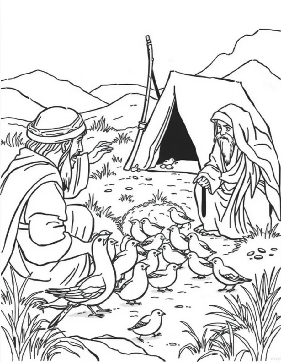 The Israelites gathering quails that land near their camp.