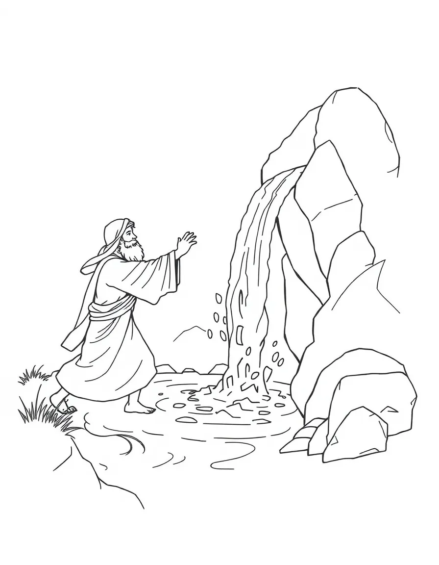 Moses striking the rock, and water gushing out for the thirsty Israelites.