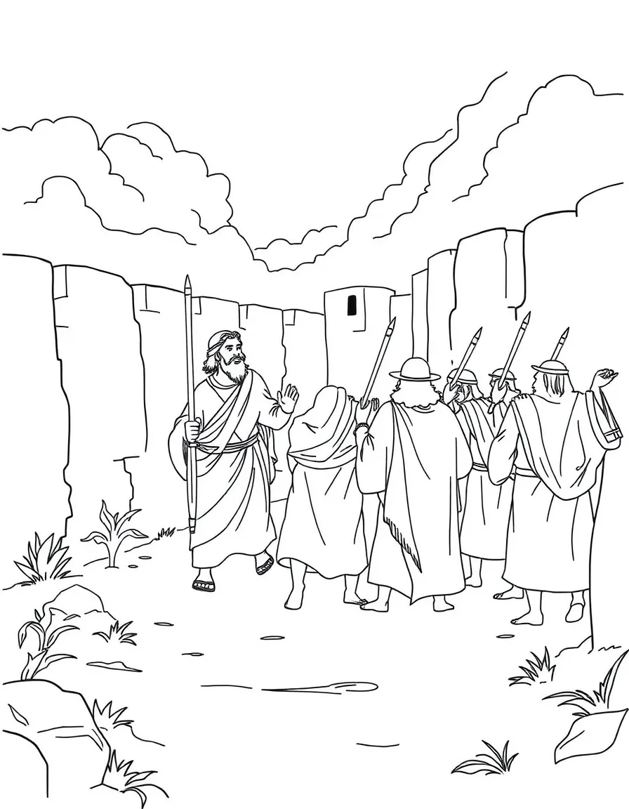 Joshua leading the Israelites around the walls of Jericho.