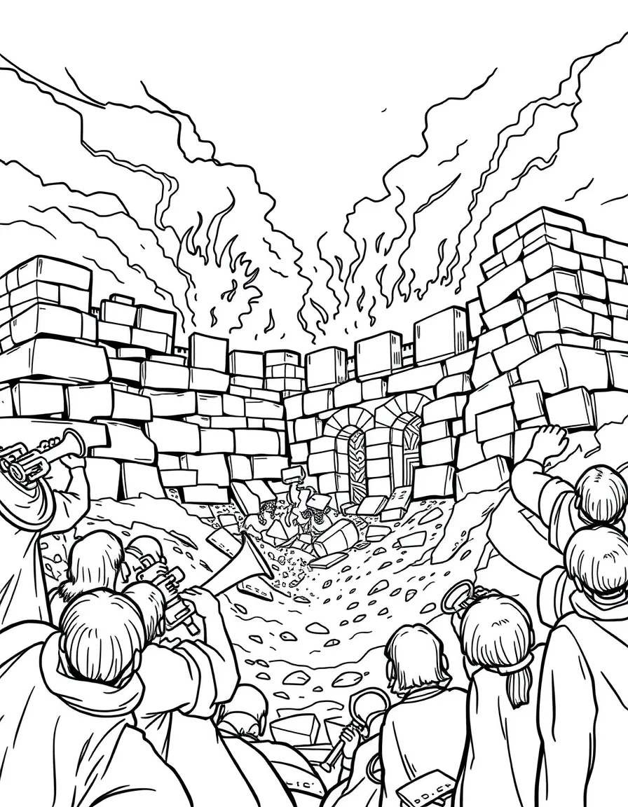 The walls of Jericho tumbling down, with trumpets blowing loudly.