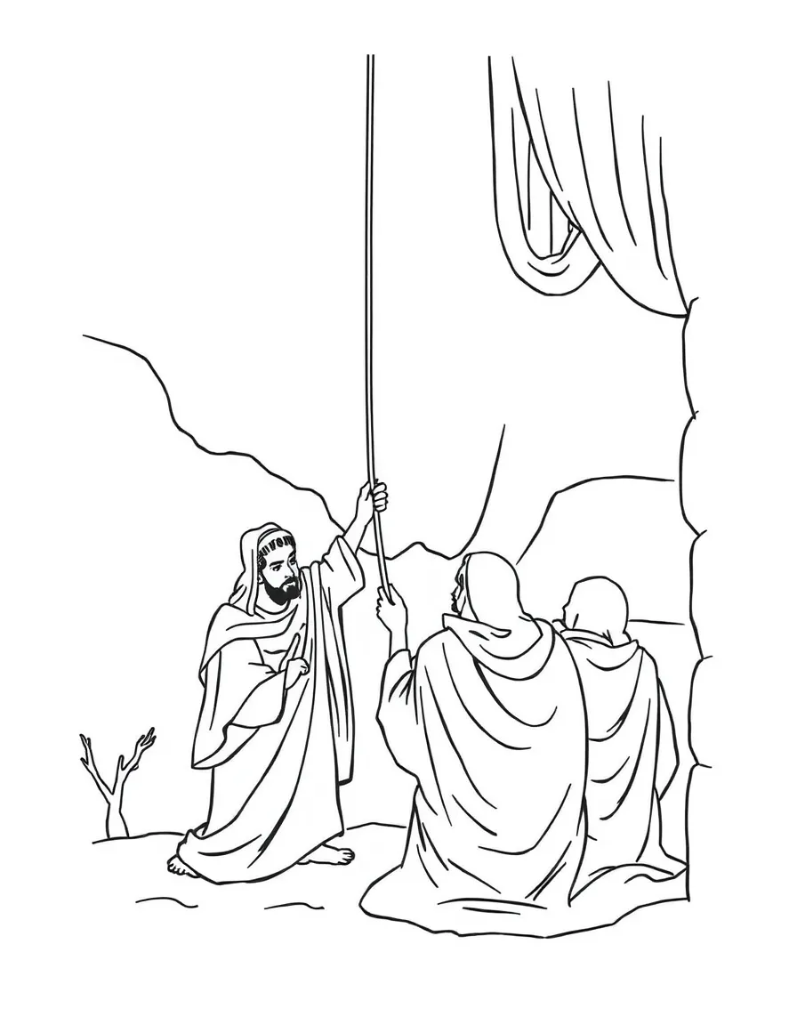 Rahab letting the spies down from her window with a rope.