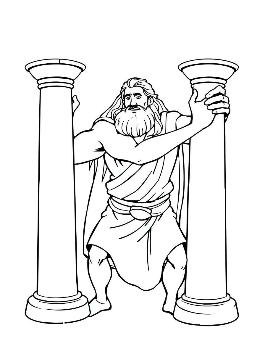Samson with long hair, pushing apart two pillars.