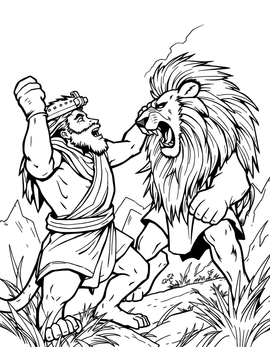 Samson fighting a lion with his bare hands.