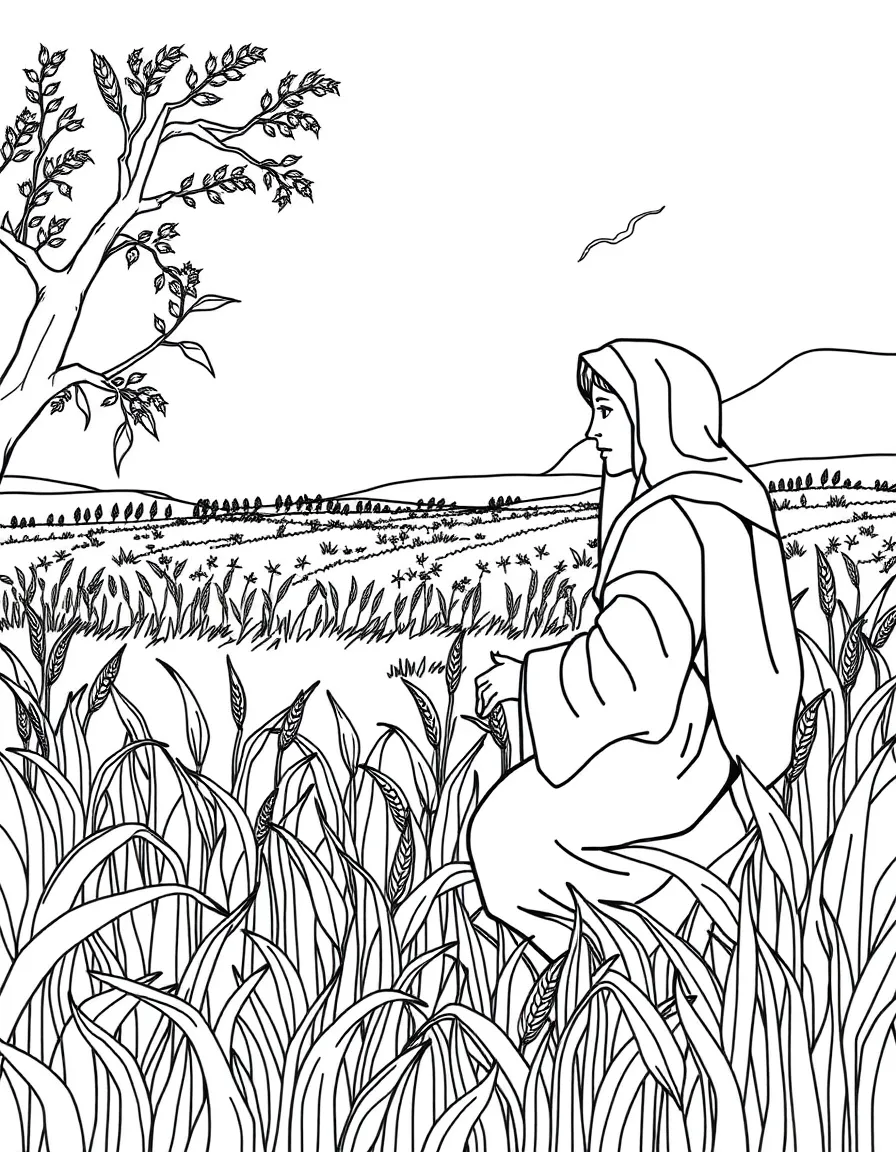 Ruth gathering grain in a field, with Boaz watching her.