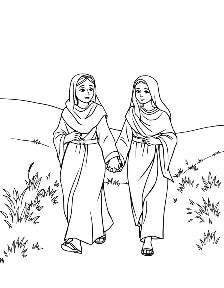 Naomi and Ruth walking together, holding hands.