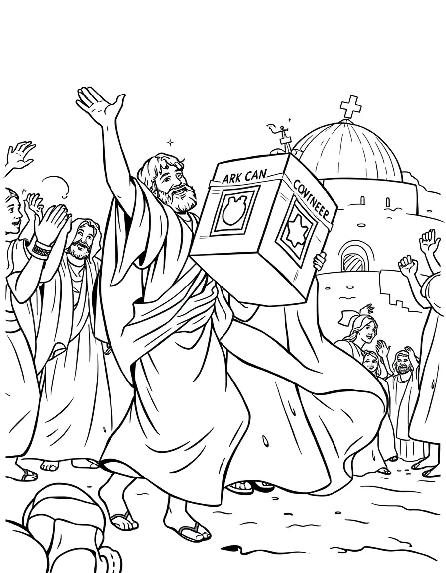 David bringing the ark of the covenant into Jerusalem, dancing joyfully.