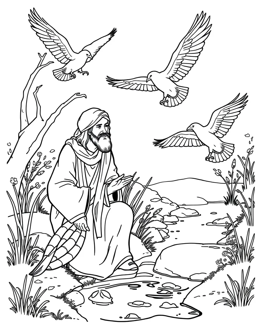 Elijah being fed by ravens near a brook.
