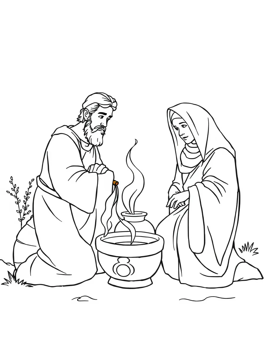 Elisha helping a poor widow whose oil jars multiply.