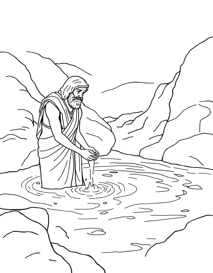 Naaman washing in the Jordan River seven times to be healed.
