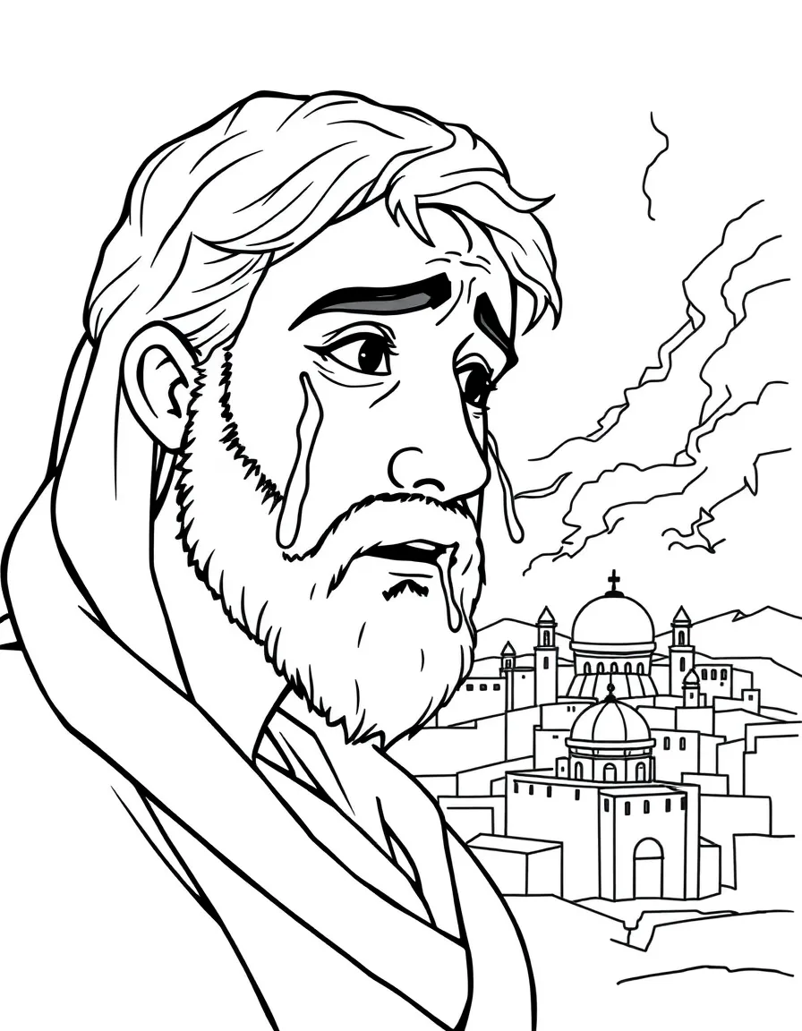 Jeremiah crying over Jerusalem, with tears on his face.