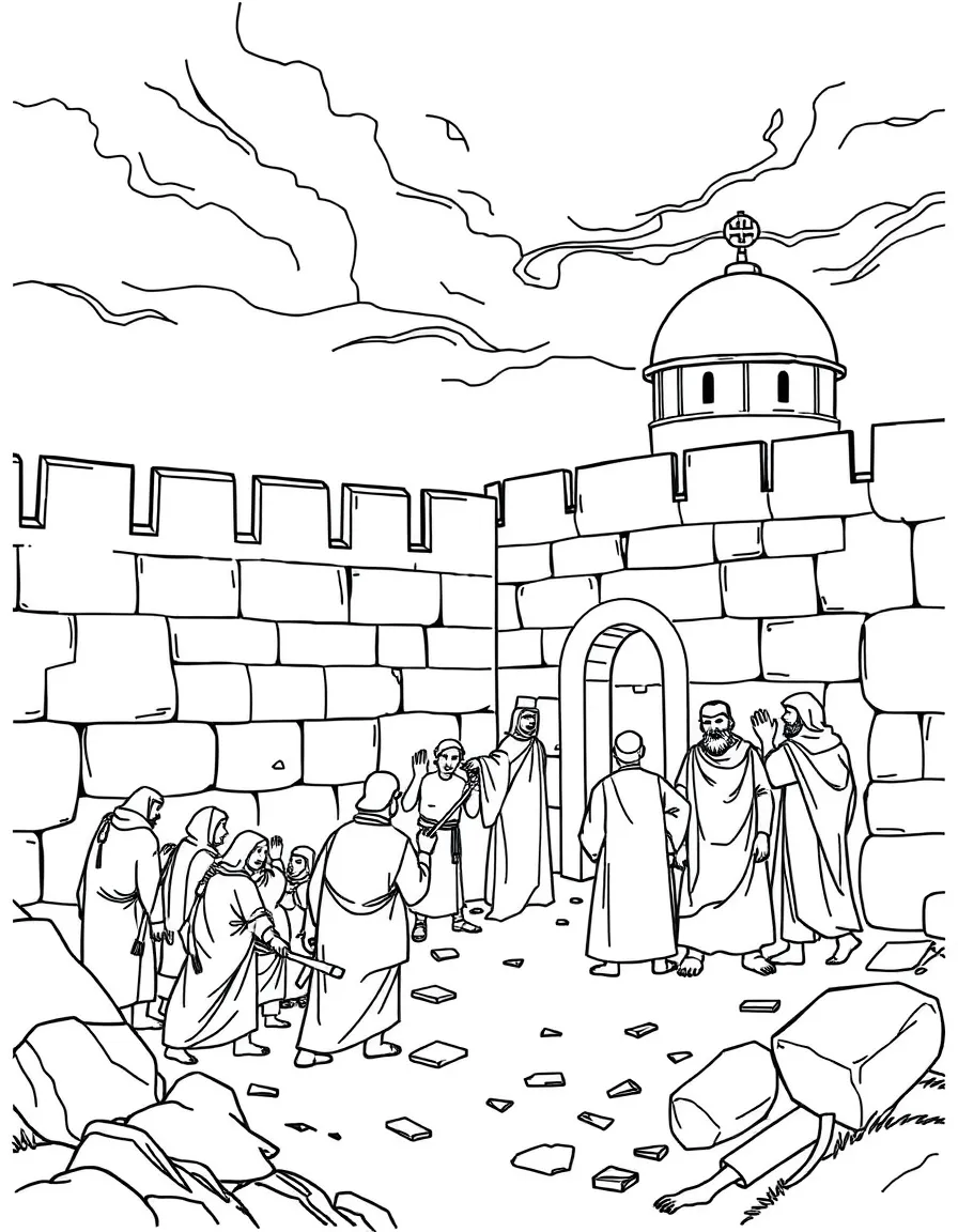 Nehemiah rebuilding the walls of Jerusalem, with people working together.