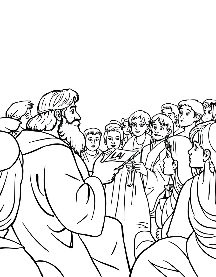 Ezra reading the law to the people, with everyone listening quietly.