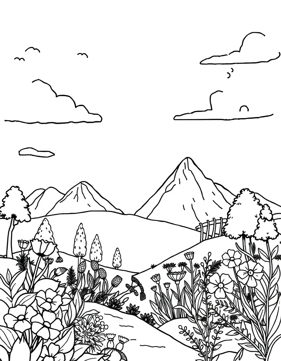 The creation of land and plants, with trees and flowers.