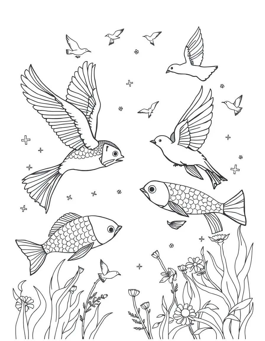The creation of birds and fish, with colorful fish swimming and birds flying.