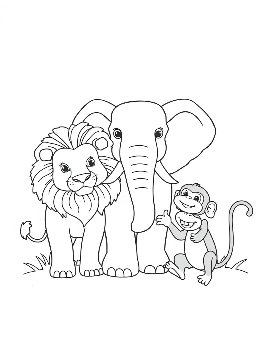 The creation of animals, with a lion, elephant, and playful monkey.
