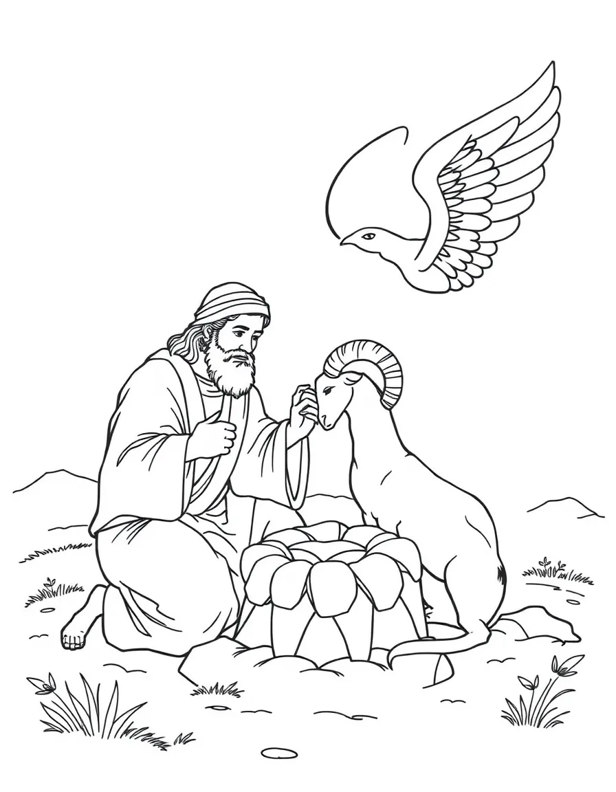 Abraham sacrificing a ram instead of Isaac, with an angel stopping him.