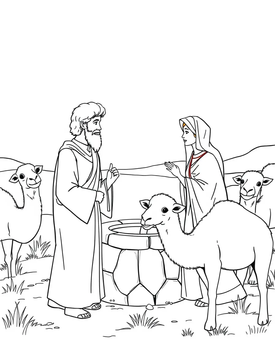 Isaac and Rebekah meeting at the well, with camels nearby.