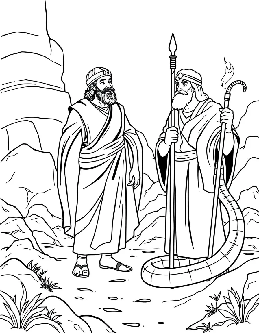 Moses and Aaron standing before Pharaoh, with a staff turning into a snake.