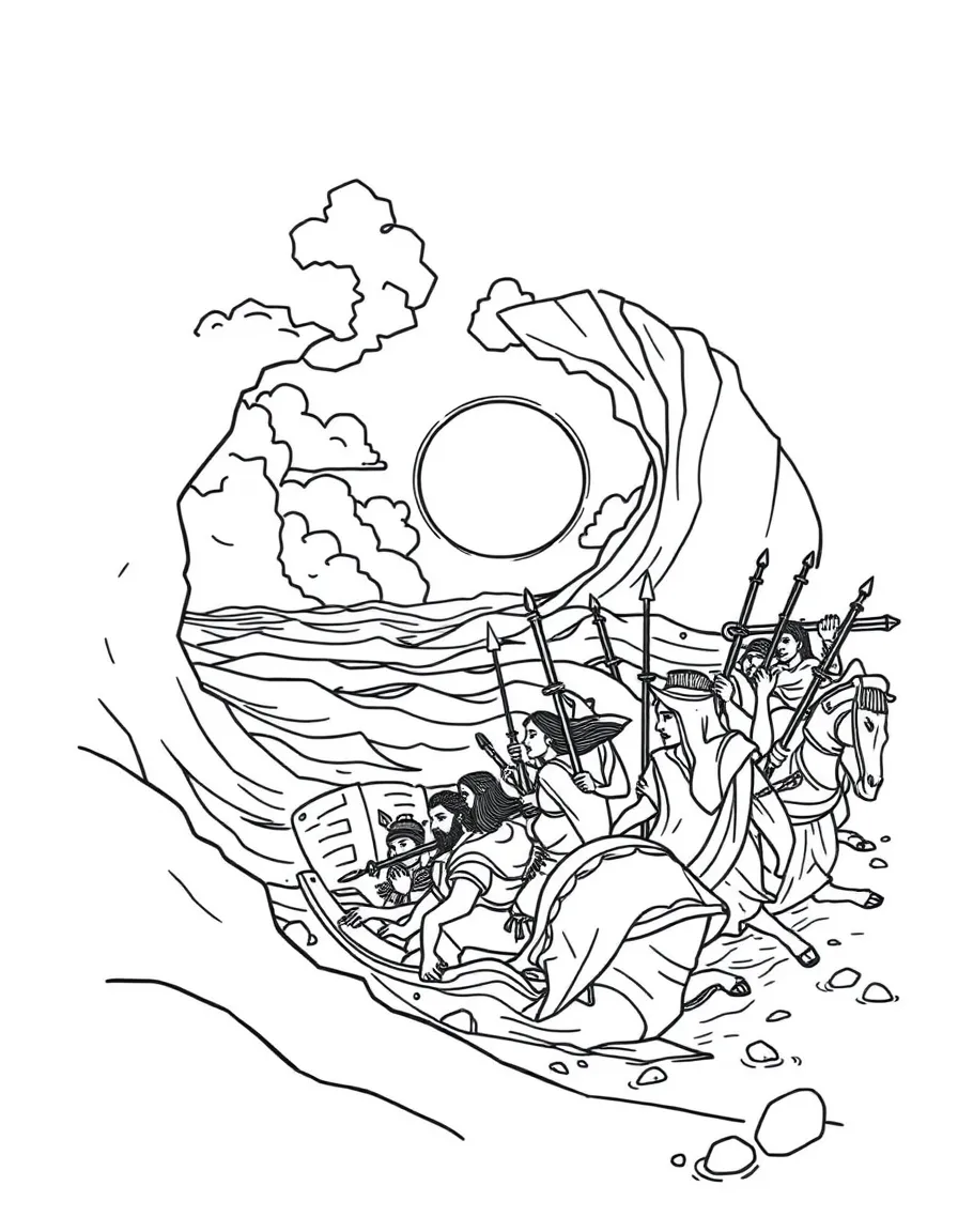 The Red Sea closing over the Egyptian army, with chariots sinking.