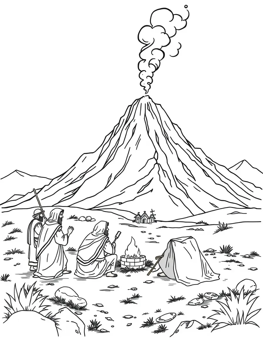 The Israelites camping around Mount Sinai, with smoke on the mountain top.