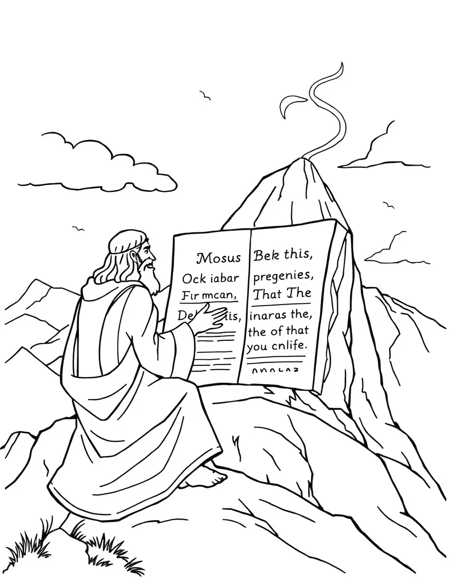 Moses receiving the Ten Commandments on the mountain.