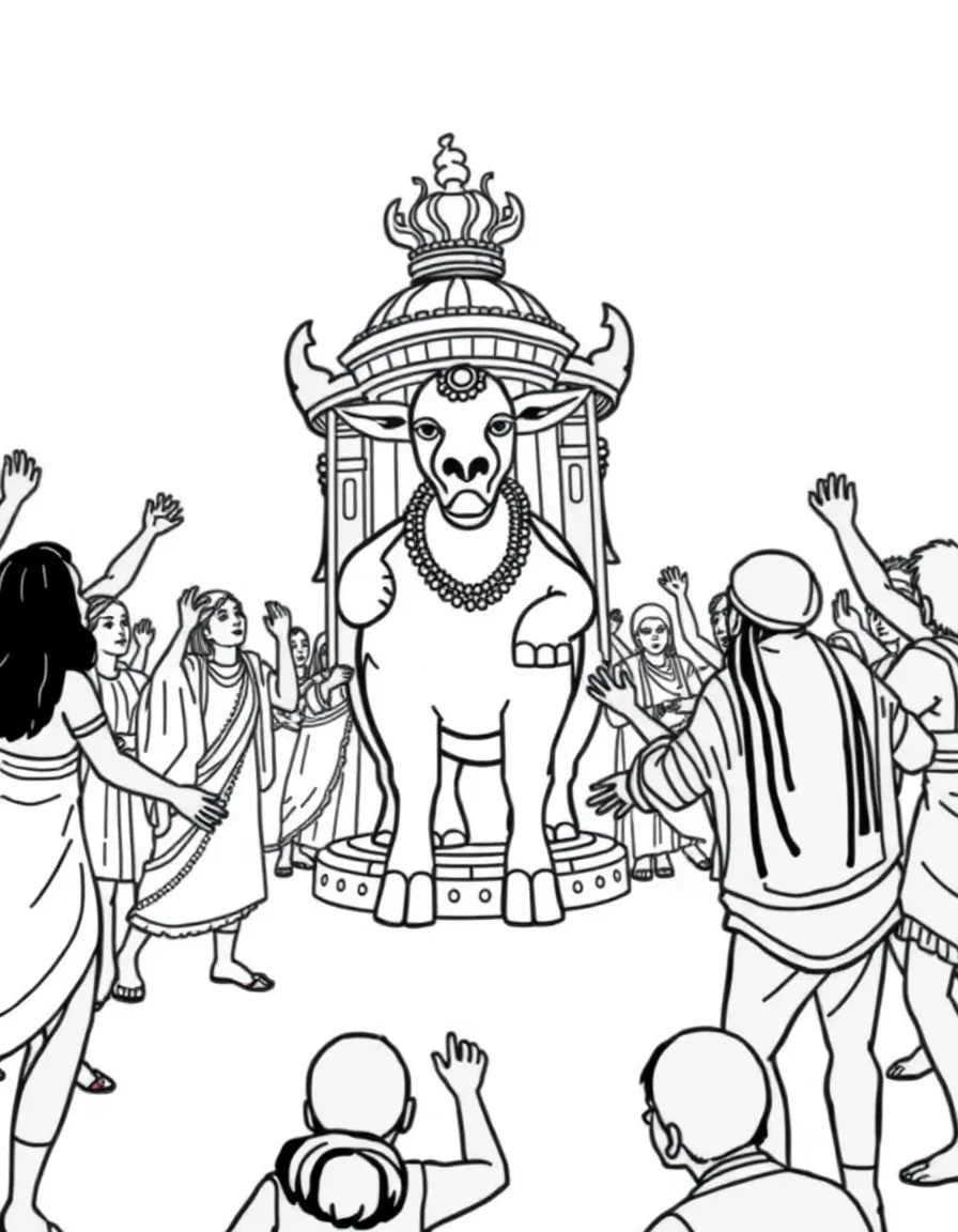 The golden calf idol, with people dancing around it.
