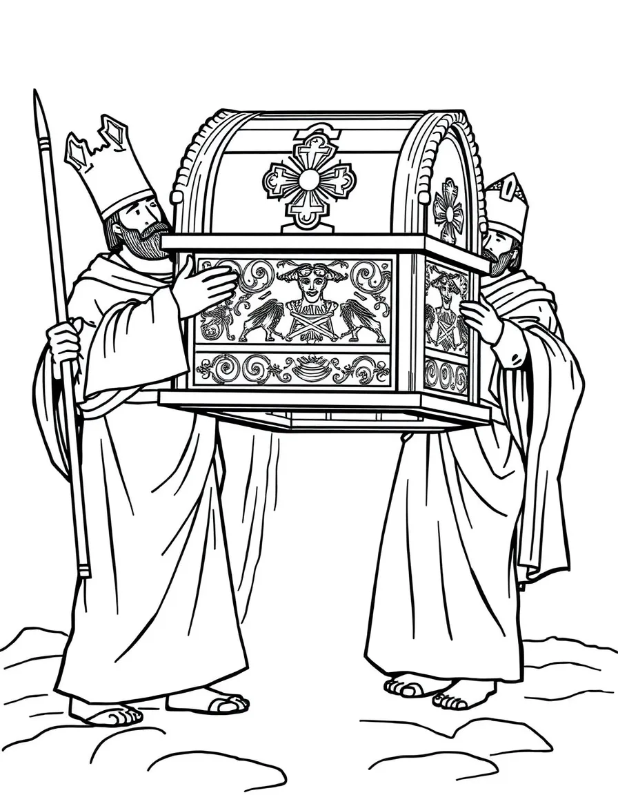 The Ark of the Covenant being carried by priests.
