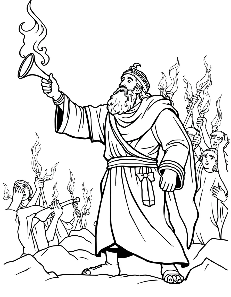 Gideon raising an army with trumpets and torches.