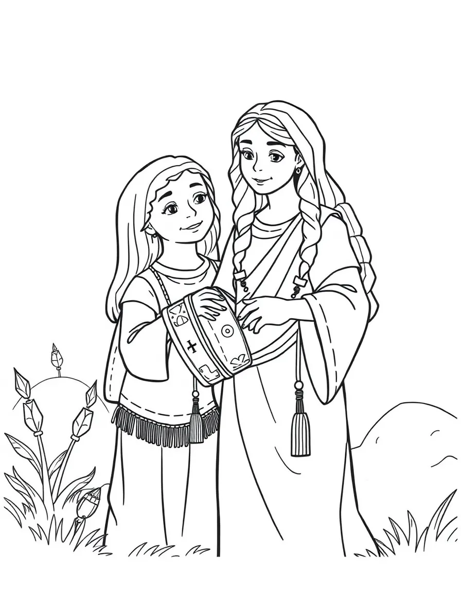 Jephthah's daughter greeting him with tambourines.