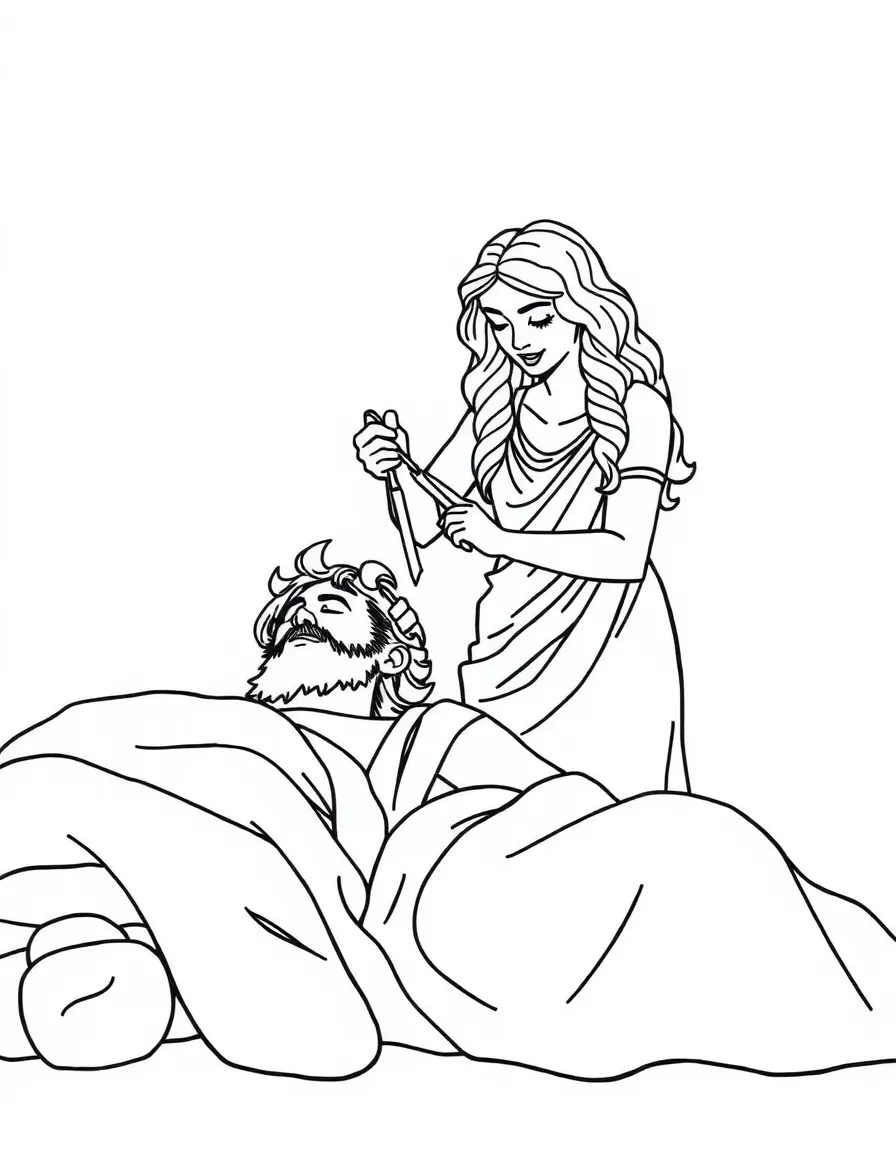 Delilah cutting Samson's hair while he sleeps.