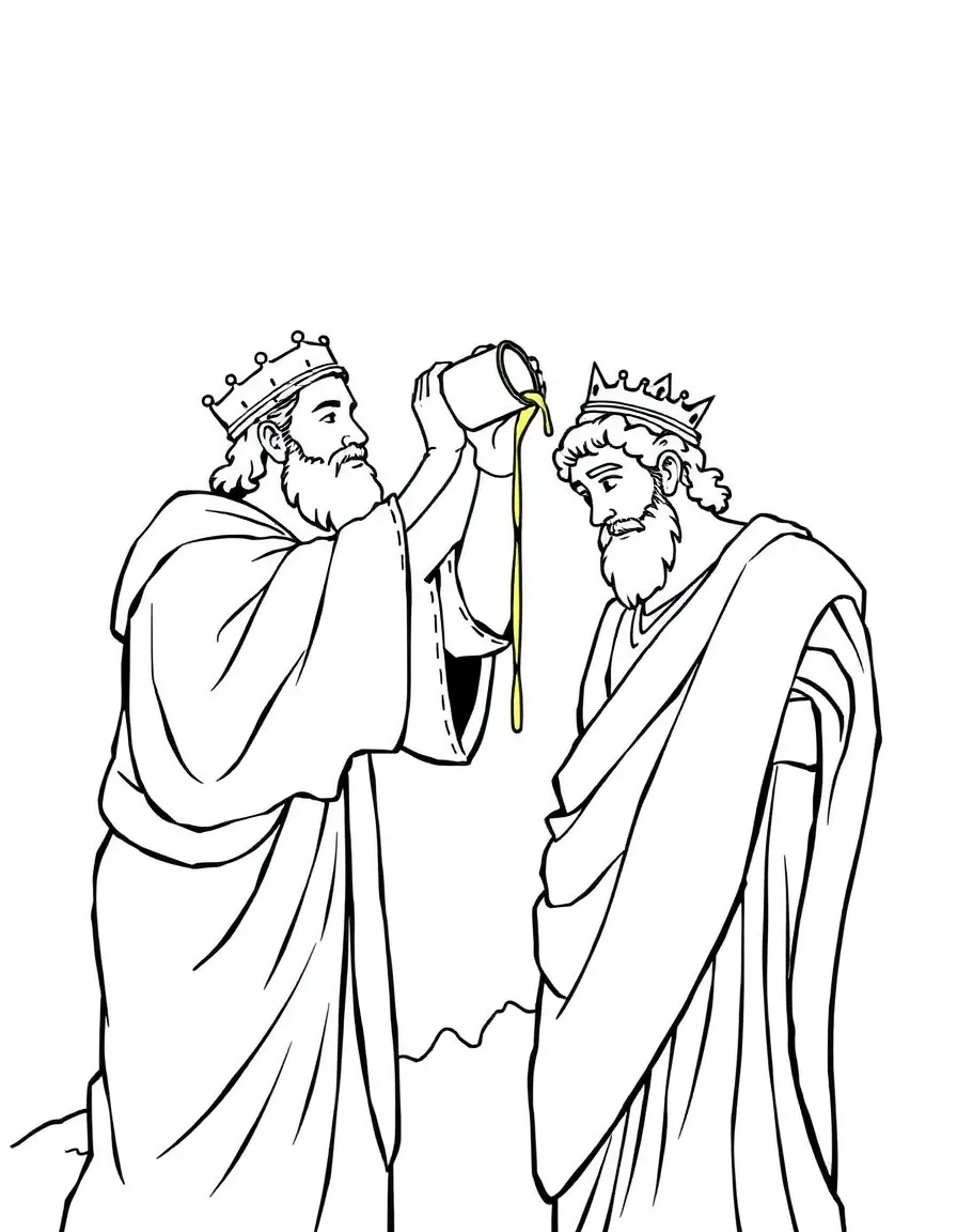 Samuel anointing David as king, pouring oil on his head.