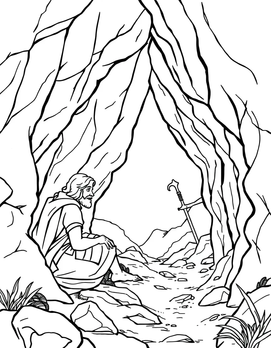 David hiding from Saul in a cave, with Saul nearby.