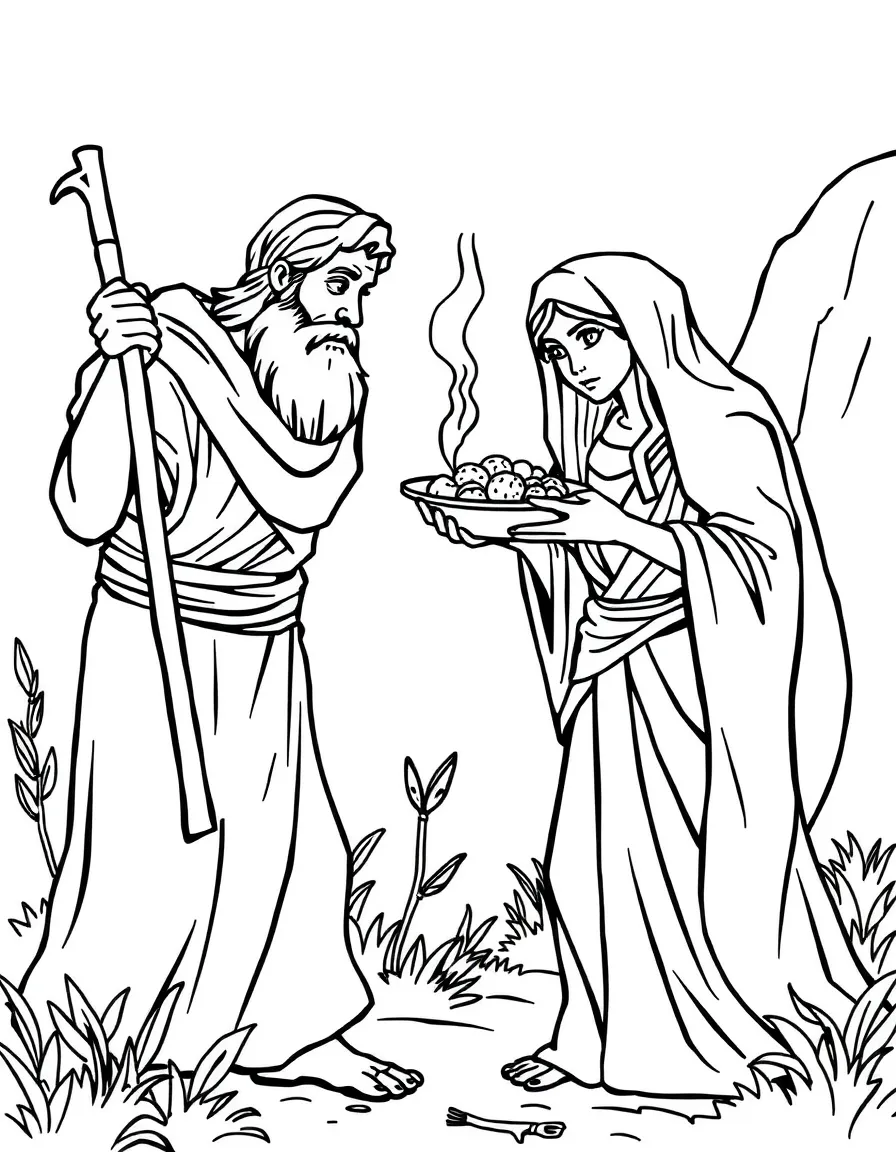 Nabal being foolish and Abigail bringing food to David.